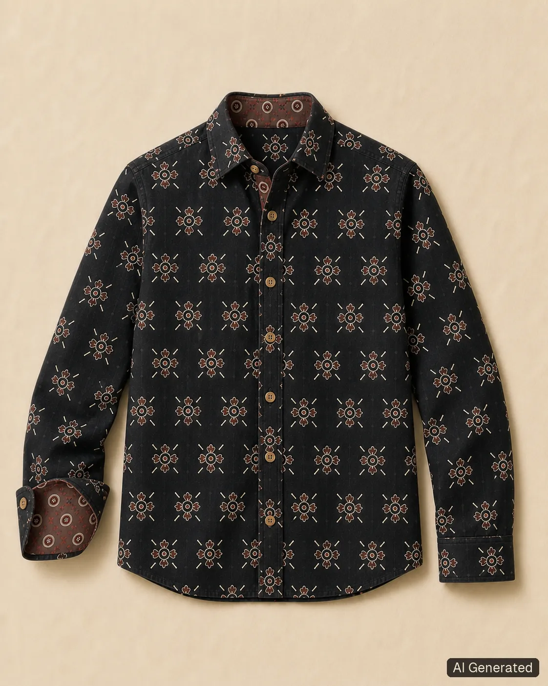 Long-sleeved shirt shown from the front, Tropikera design 03; generated concept image