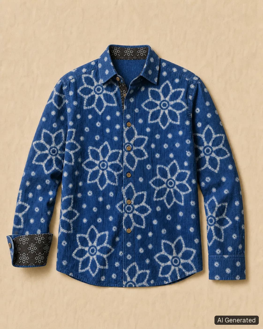 Long-sleeved shirt shown from the front, Tropikera design 04; generated concept image