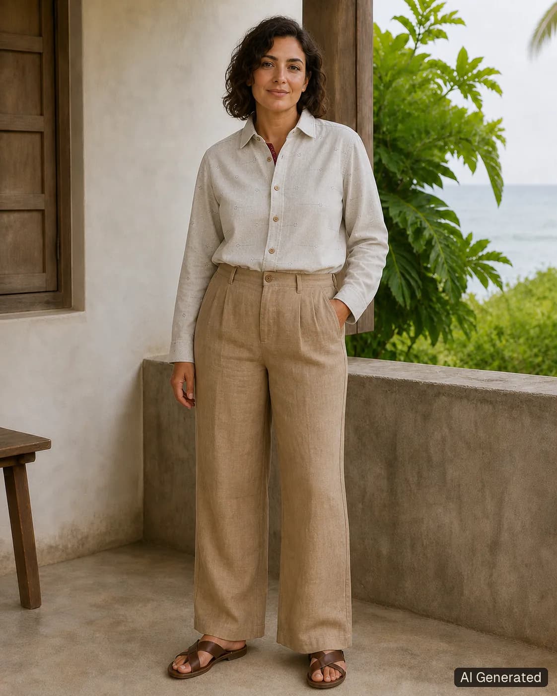 Adult woman standing and wearing the shirt in an editorial scene, Tropikera design 01; generated concept image