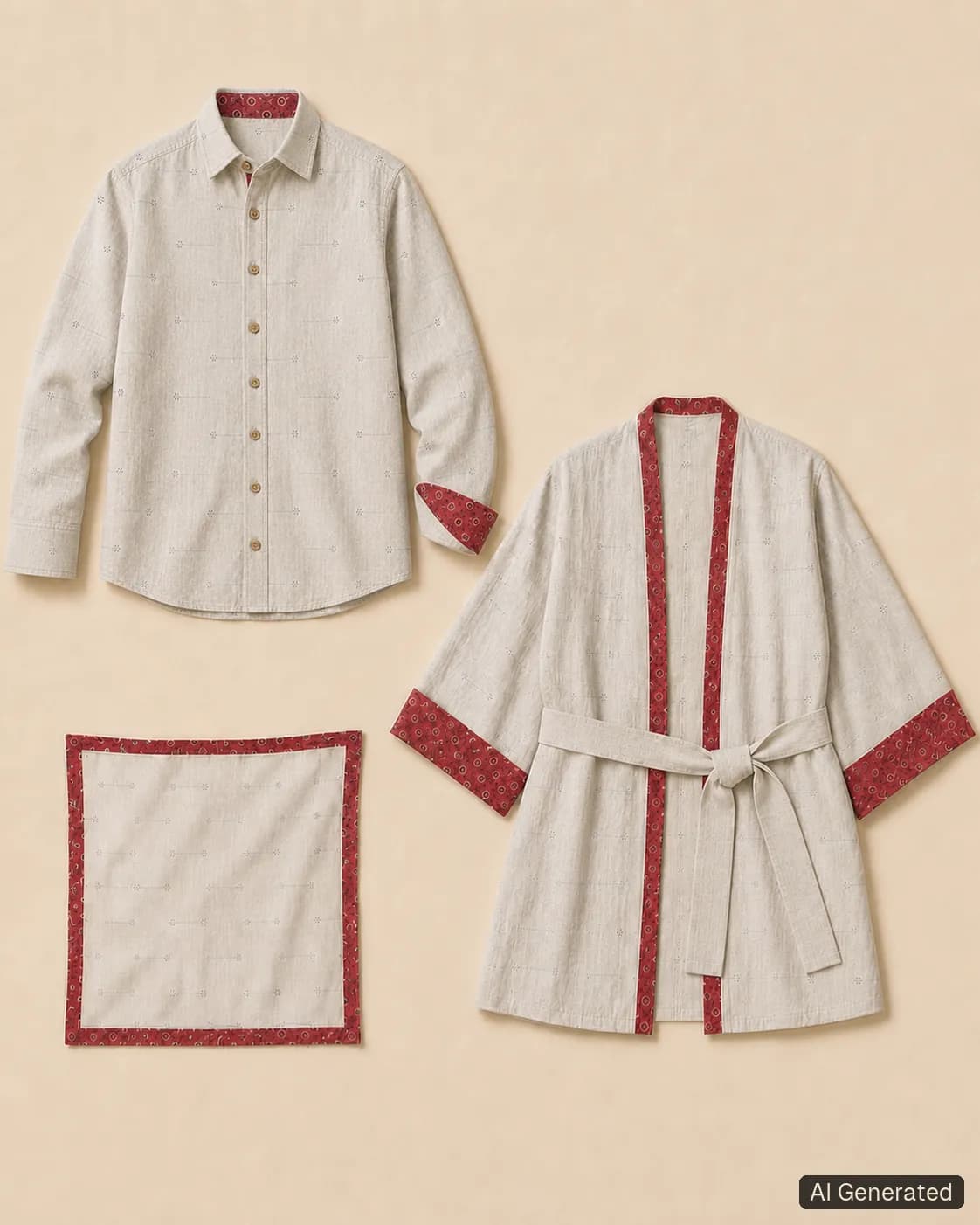 Coordinated shirt, kimono and scarf, Tropikera design 01; generated concept image