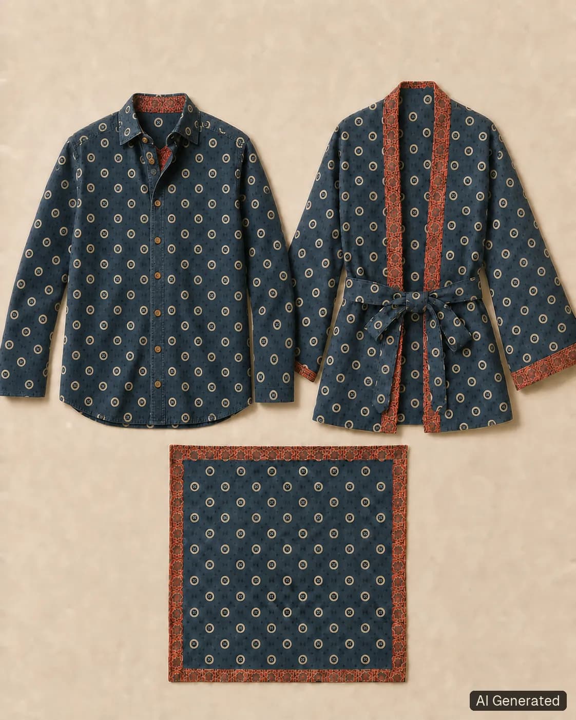 Coordinated shirt, kimono and scarf, Tropikera design 02; generated concept image