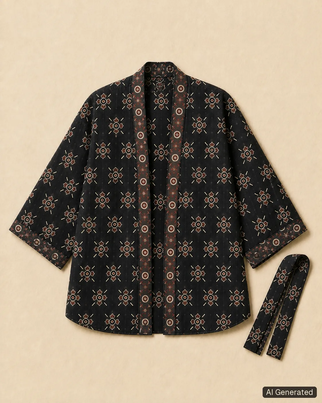 Open kimono shown from the front, Tropikera design 03; generated concept image