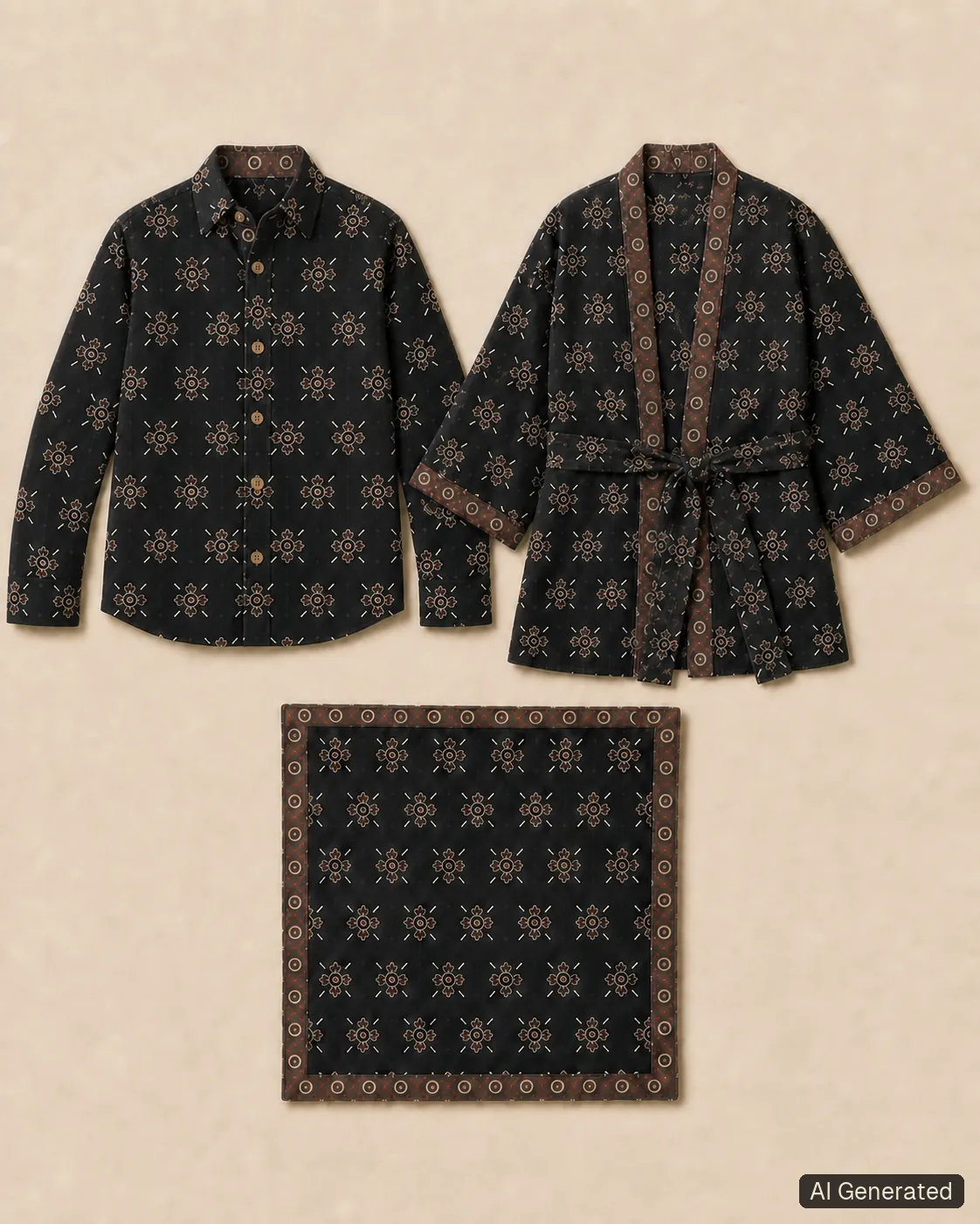 Coordinated shirt, kimono and scarf, Tropikera design 03; generated concept image