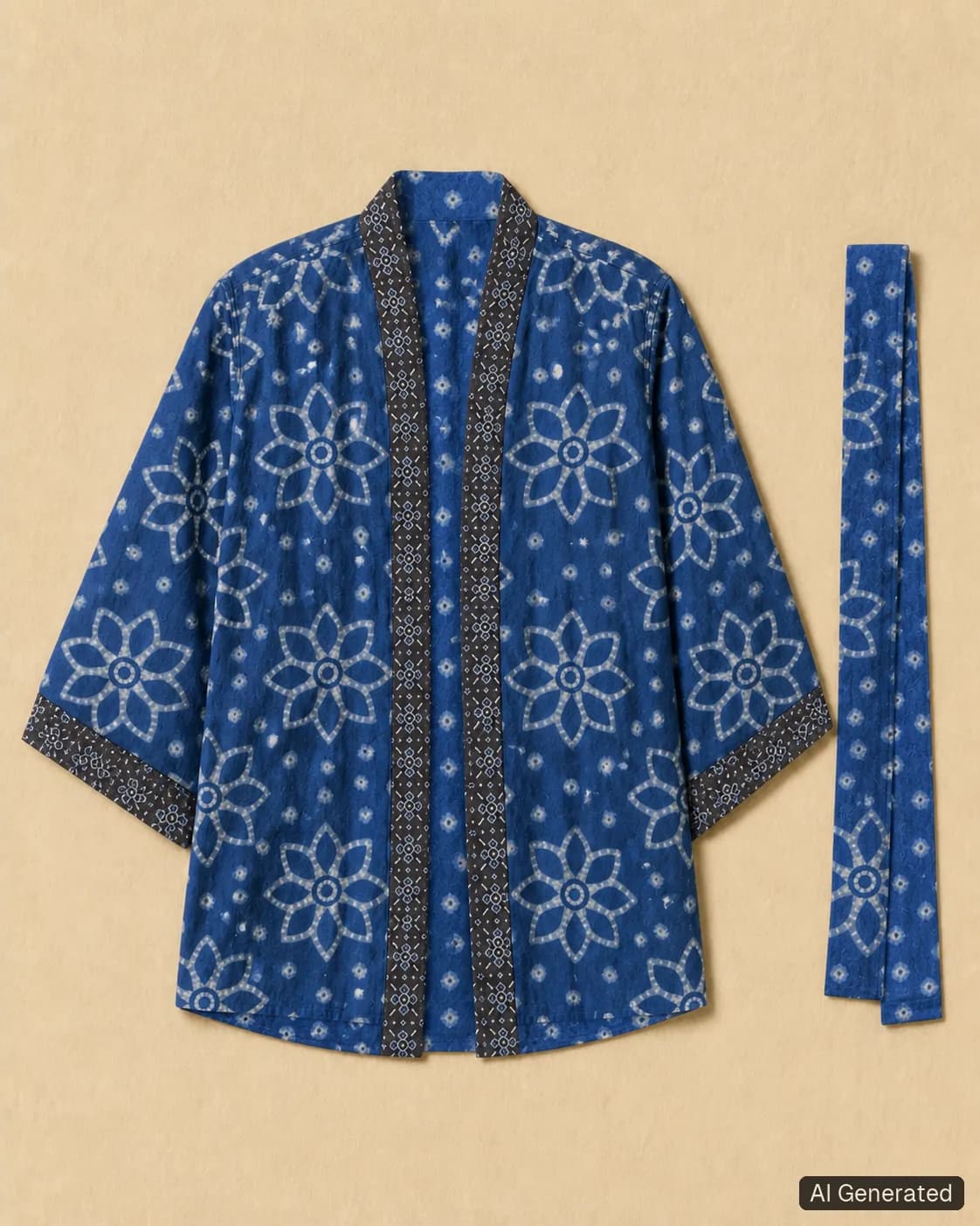Open kimono shown from the front, Tropikera design 04; generated concept image