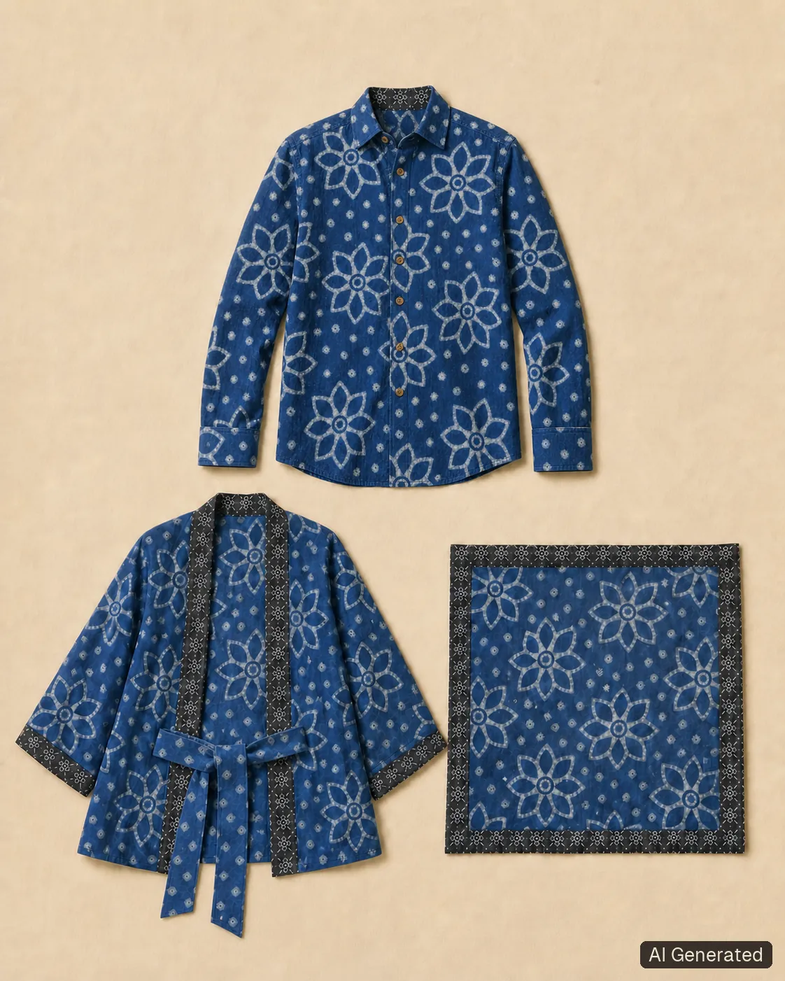 Coordinated shirt, kimono and scarf, Tropikera design 04; generated concept image
