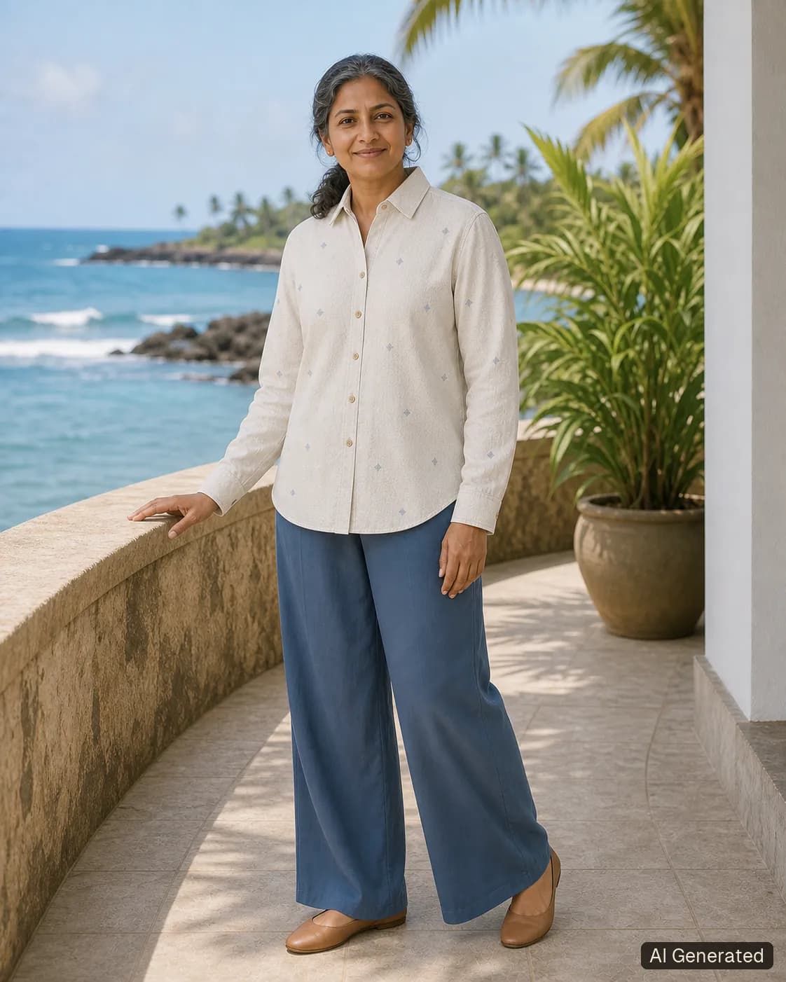 Adult woman standing and wearing the shirt in an editorial scene, Tropikera design 05; generated concept image