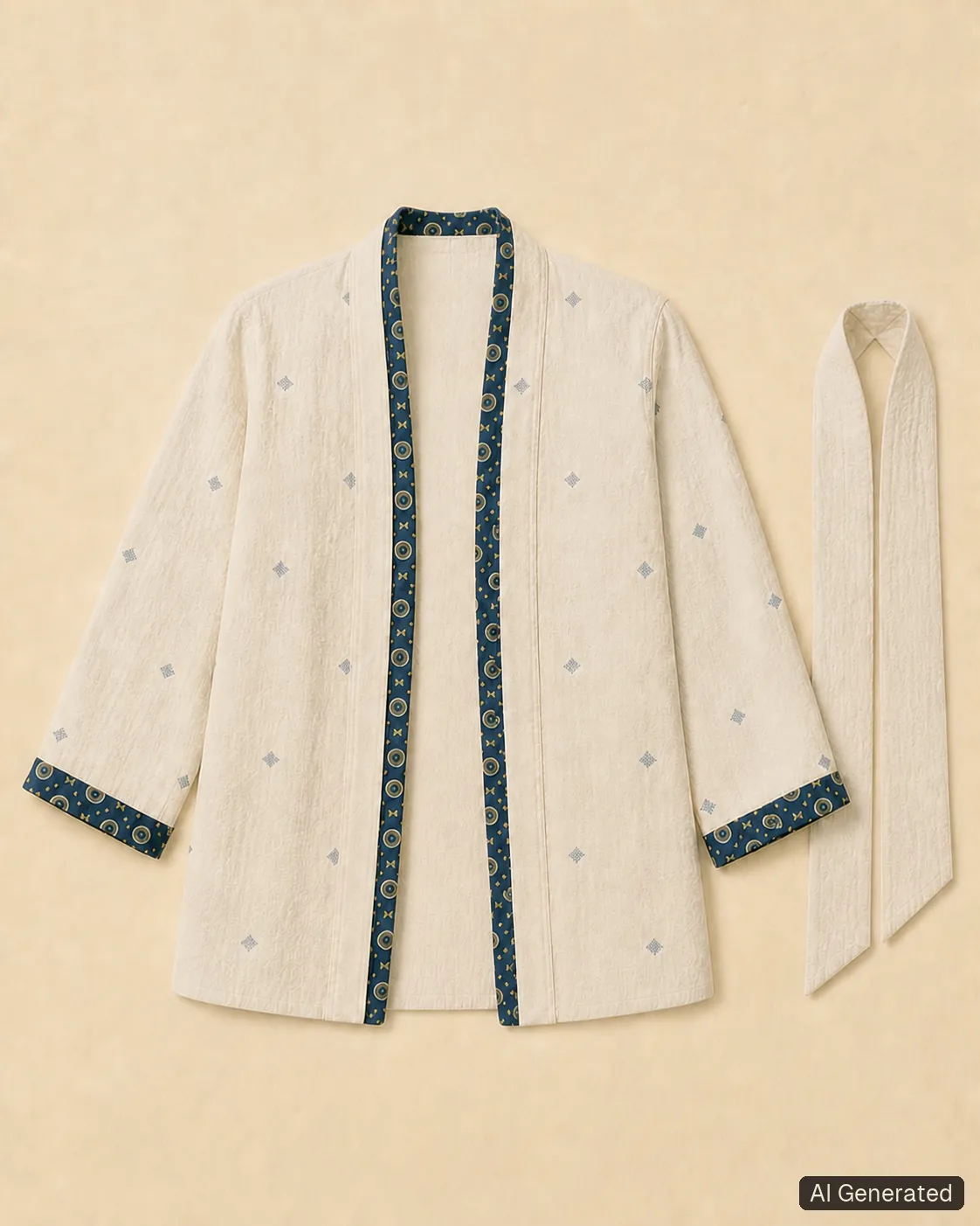 Open kimono shown from the front, Tropikera design 05; generated concept image