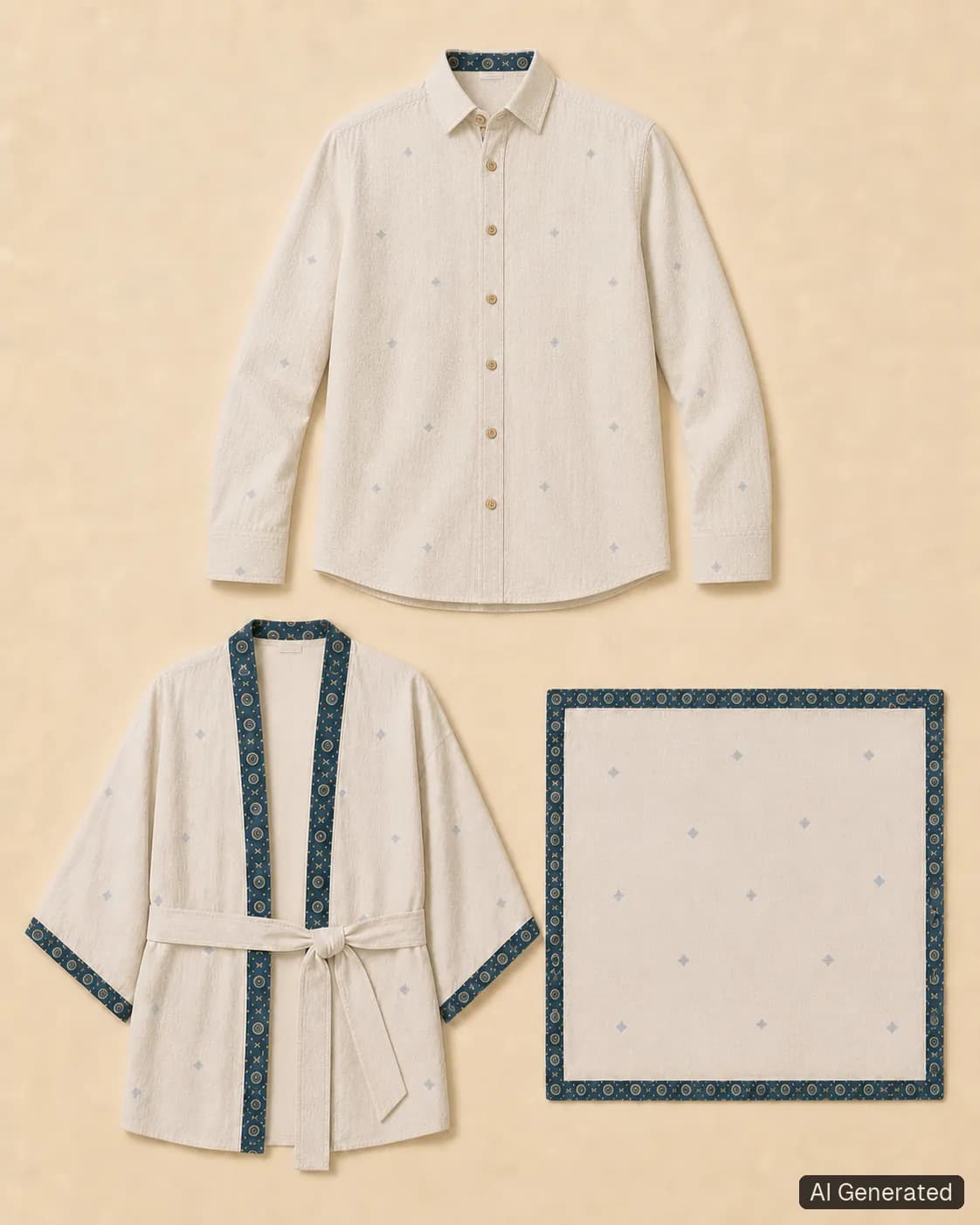 Coordinated shirt, kimono and scarf, Tropikera design 05; generated concept image