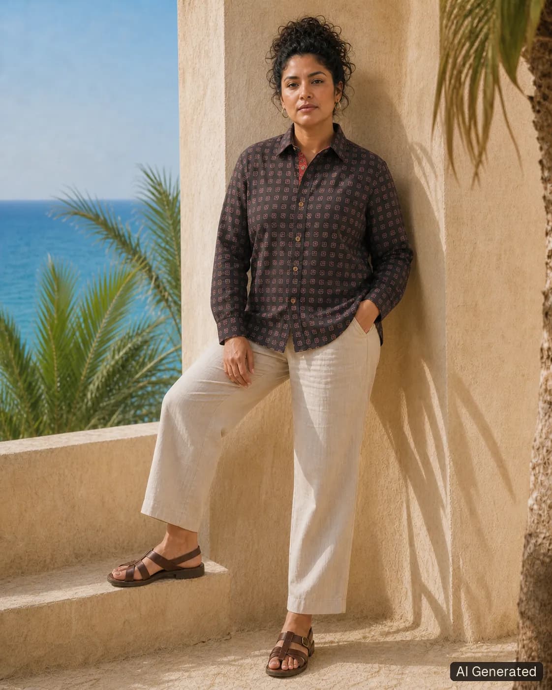 Adult woman standing and wearing the shirt in an editorial scene, Tropikera design 06; generated concept image