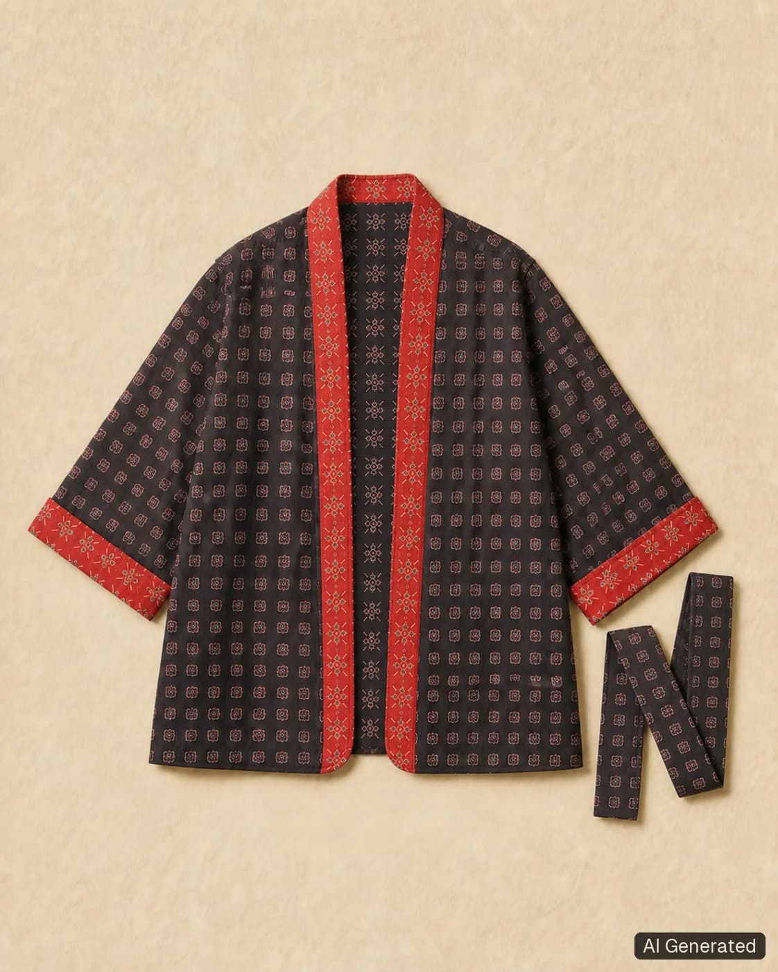 Open kimono shown from the front, Tropikera design 06; generated concept image