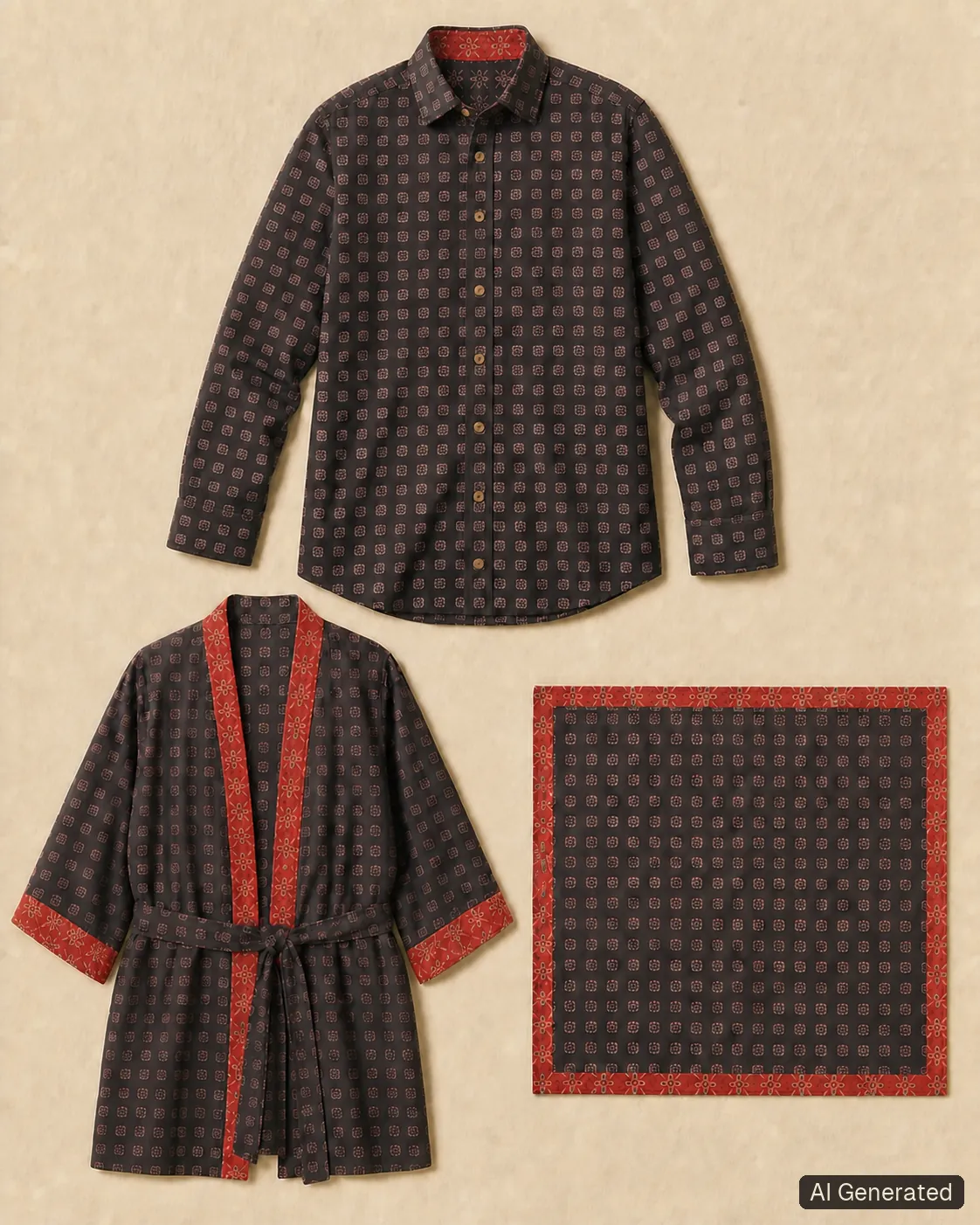Coordinated shirt, kimono and scarf, Tropikera design 06; generated concept image