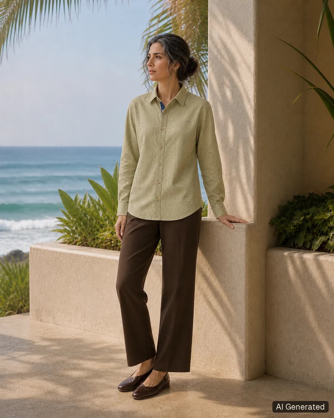 Adult woman standing and wearing the shirt in an editorial scene, Tropikera design 07; generated concept image