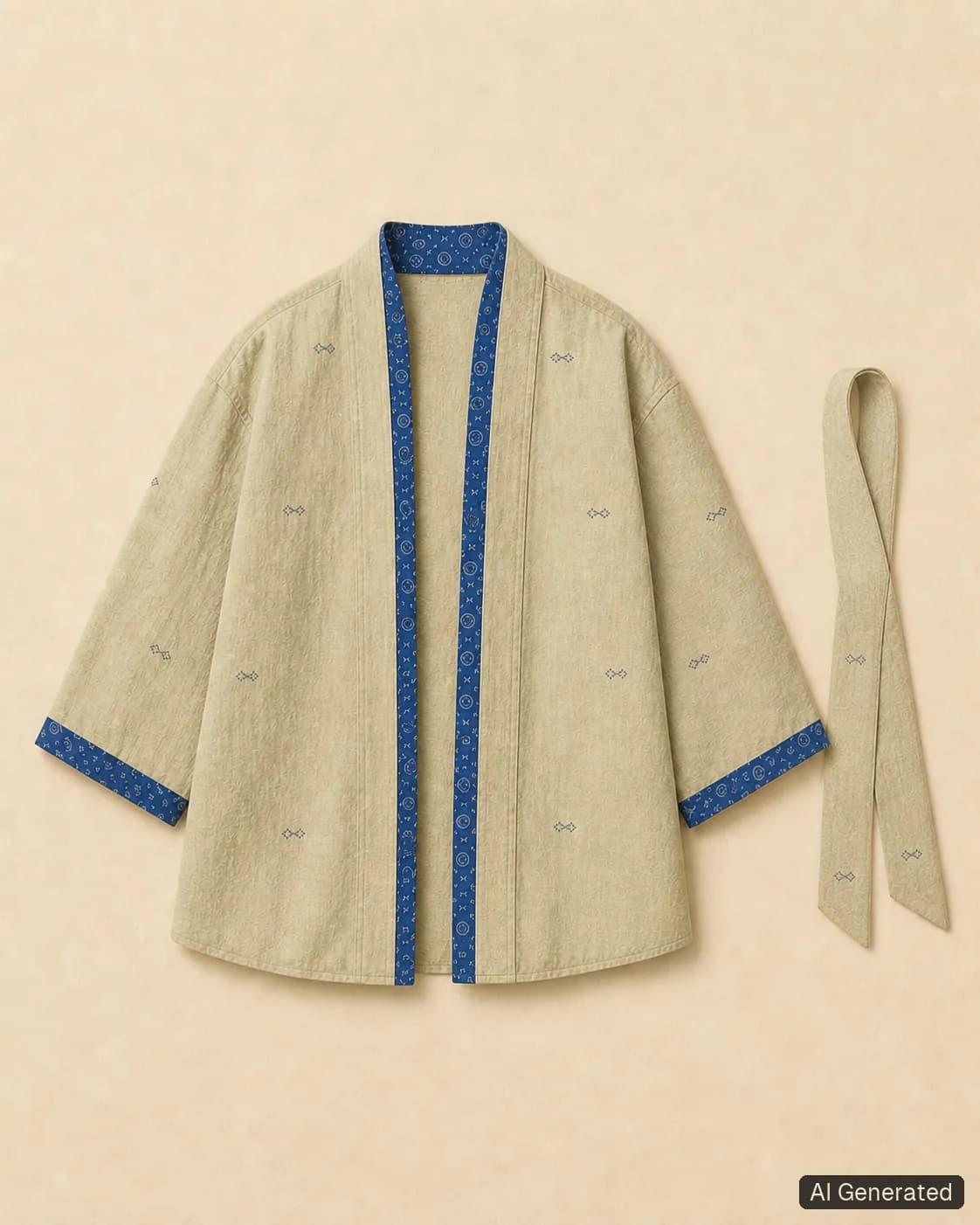 Open kimono shown from the front, Tropikera design 07; generated concept image