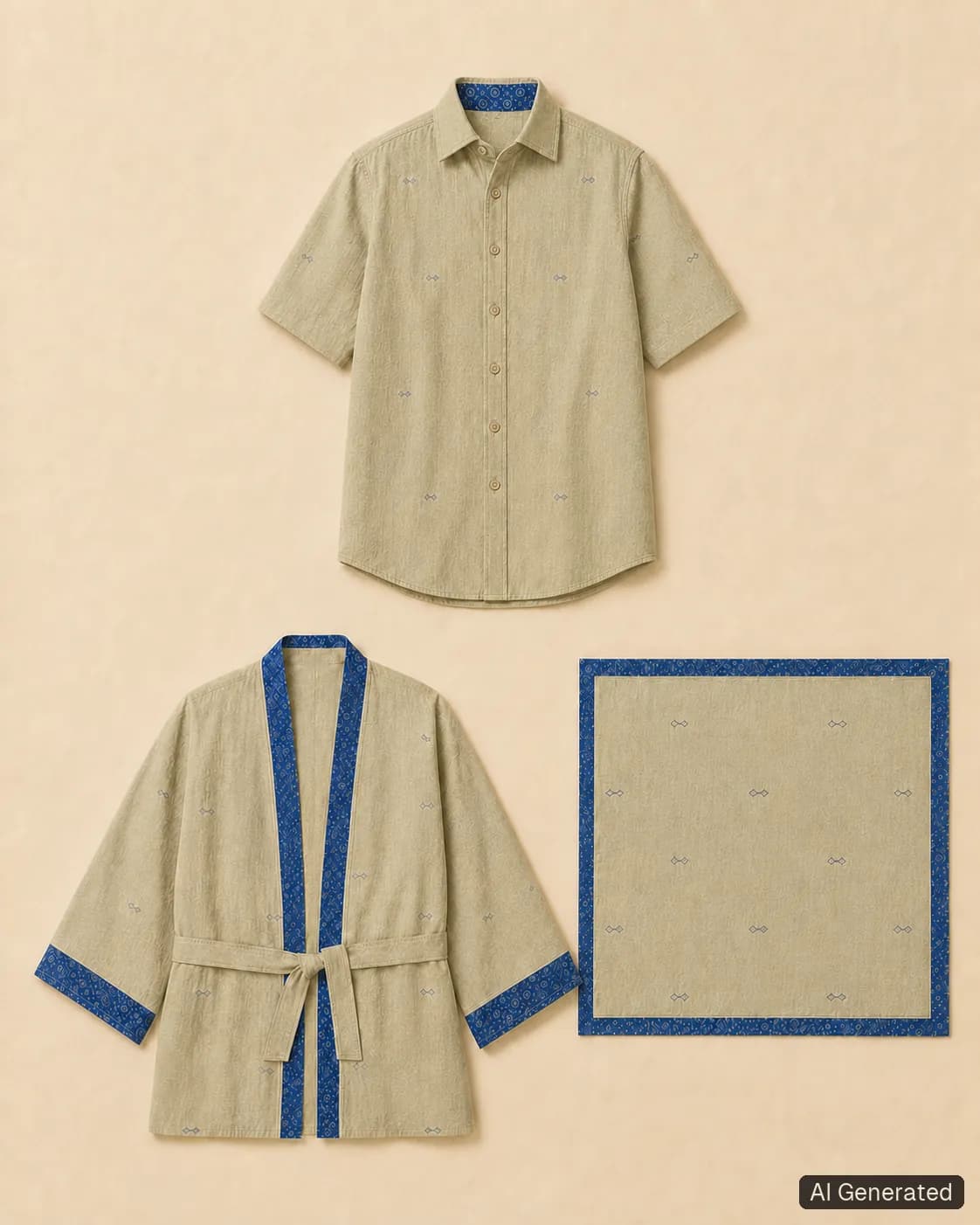 Coordinated shirt, kimono and scarf, Tropikera design 07; generated concept image