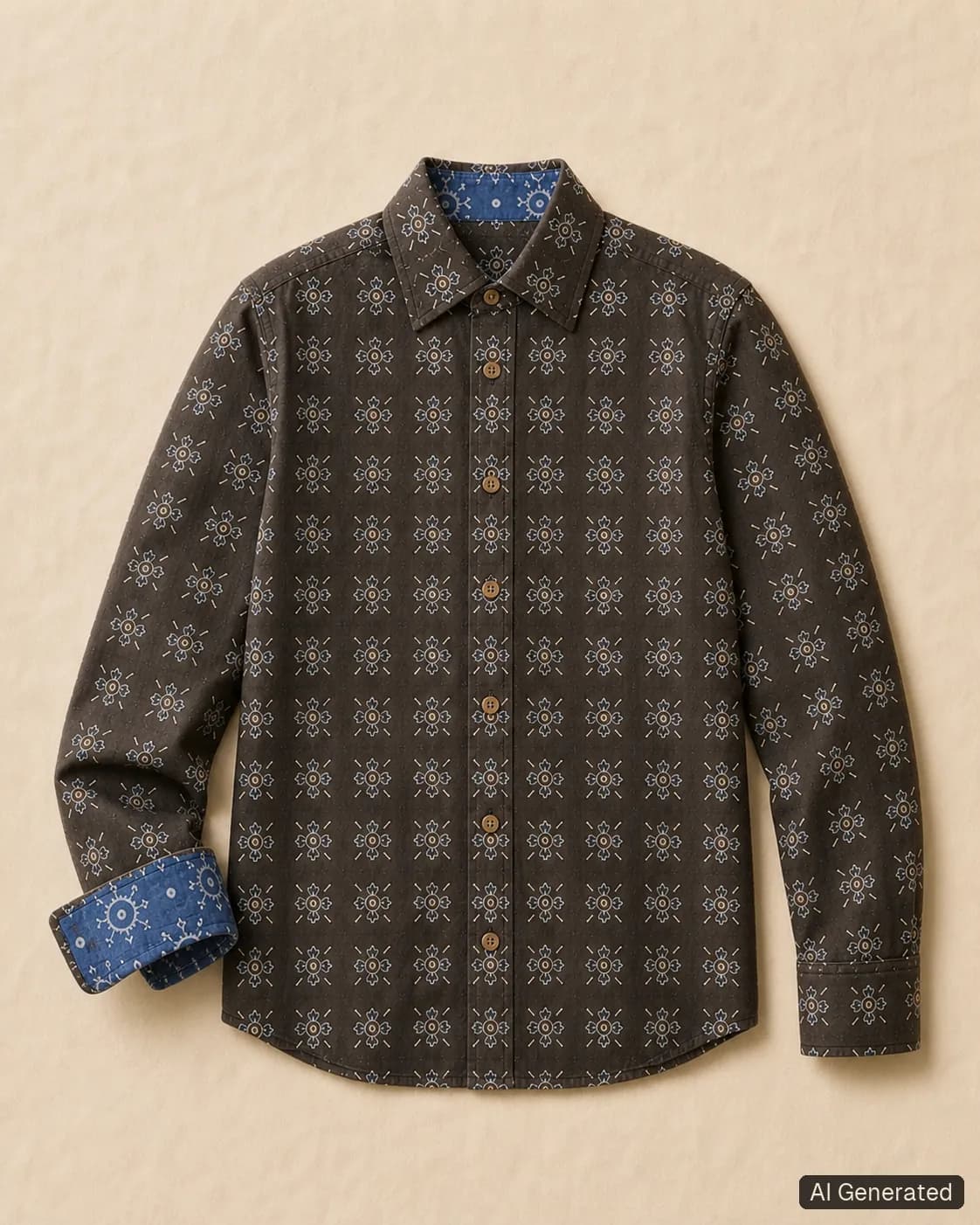 Long-sleeved shirt shown from the front, Tropikera design 08; generated concept image