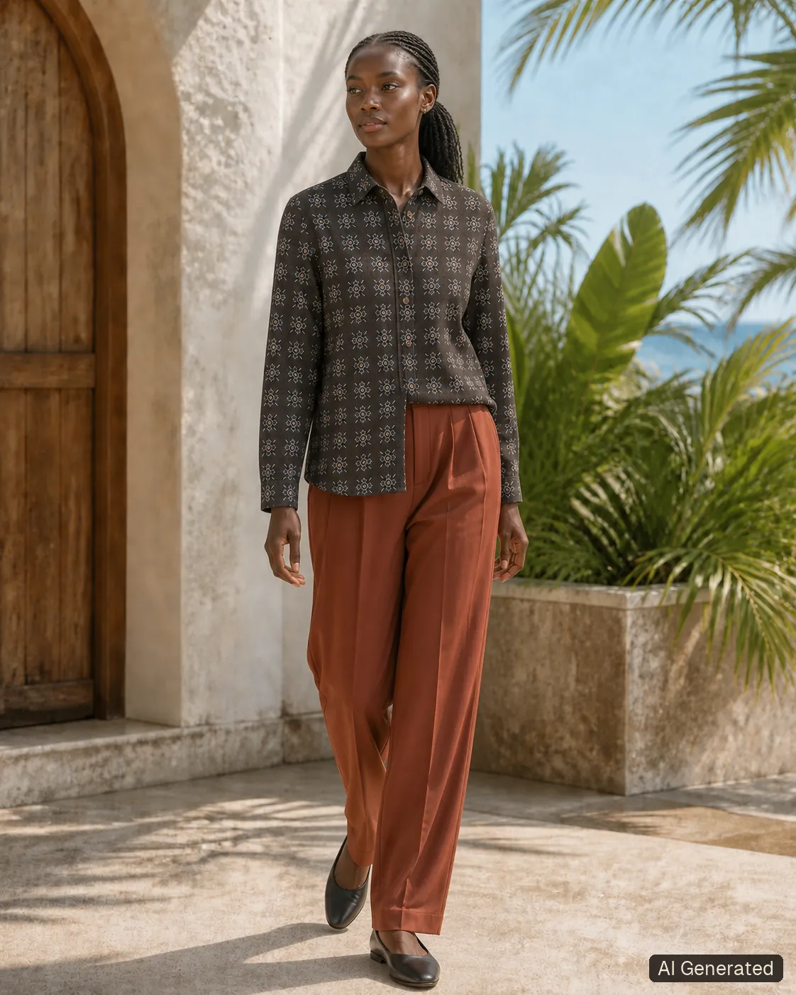 Adult woman standing and wearing the shirt in an editorial scene, Tropikera design 08; generated concept image