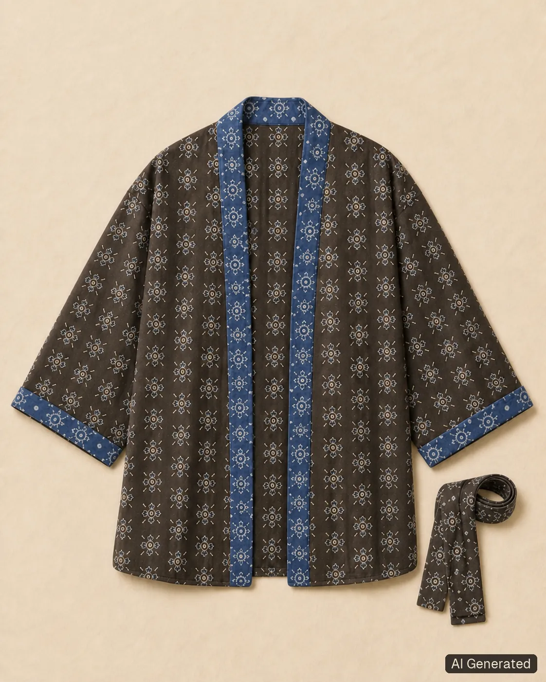 Open kimono shown from the front, Tropikera design 08; generated concept image