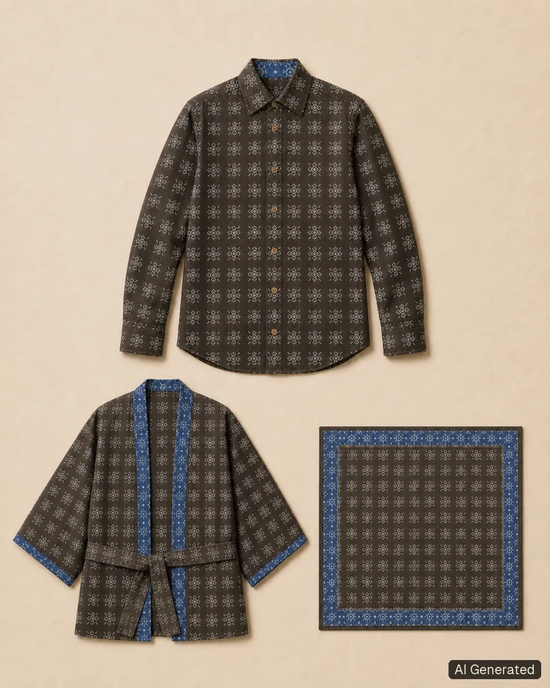 Coordinated shirt, kimono and scarf, Tropikera design 08; generated concept image