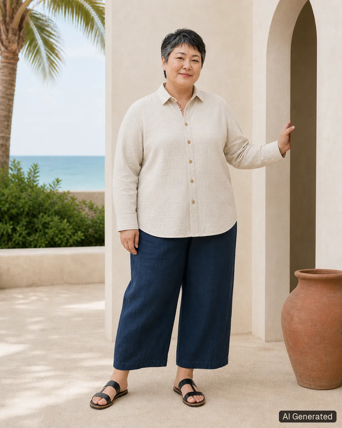 Adult woman standing and wearing the shirt in an editorial scene, Tropikera design 09; generated concept image