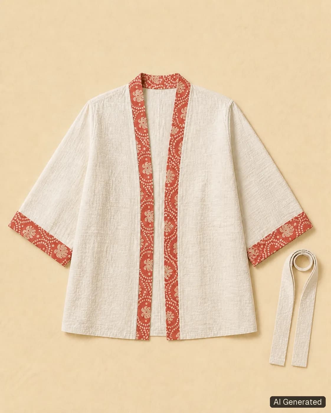 Open kimono shown from the front, Tropikera design 09; generated concept image