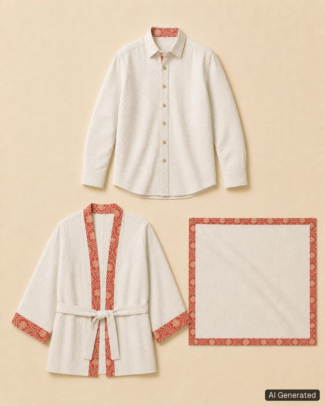 Coordinated shirt, kimono and scarf, Tropikera design 09; generated concept image