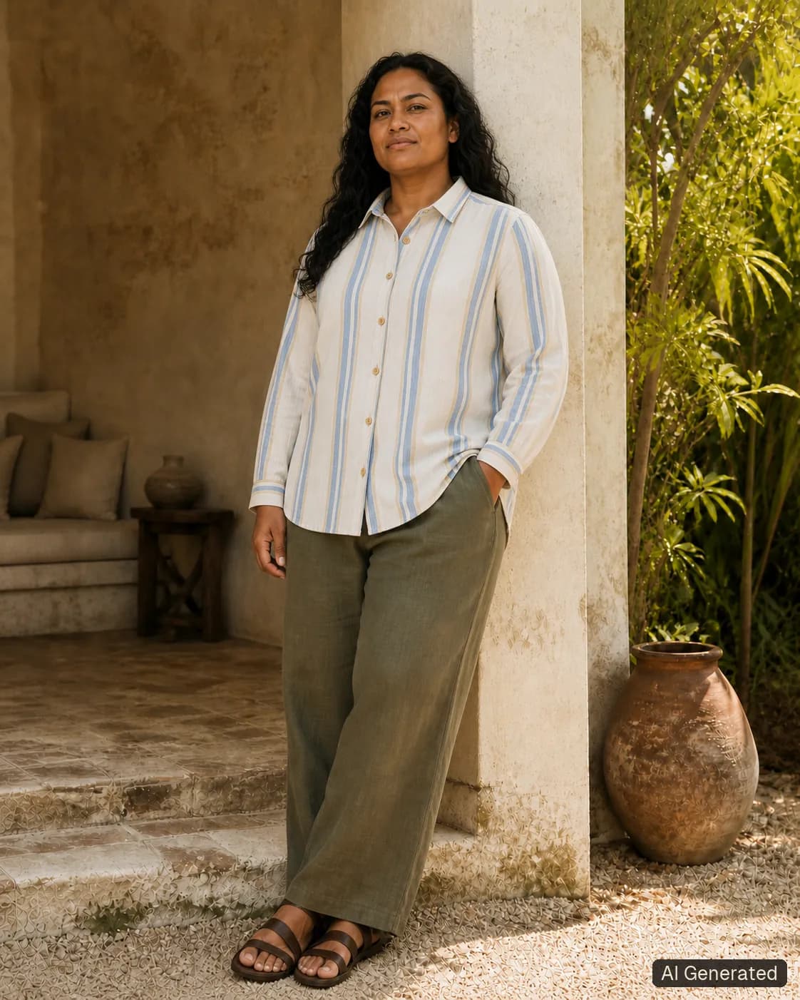 Adult woman standing and wearing the shirt in an editorial scene, Tropikera design 10; generated concept image