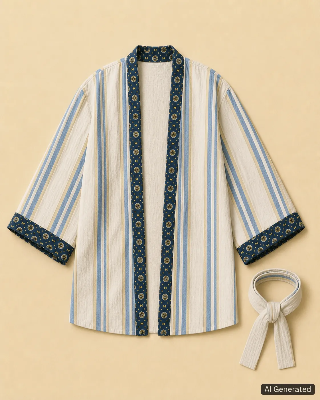 Open kimono shown from the front, Tropikera design 10; generated concept image