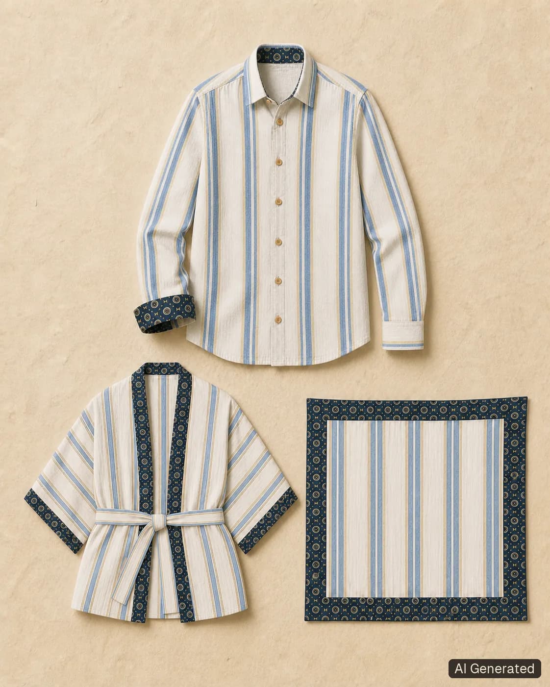 Coordinated shirt, kimono and scarf, Tropikera design 10; generated concept image