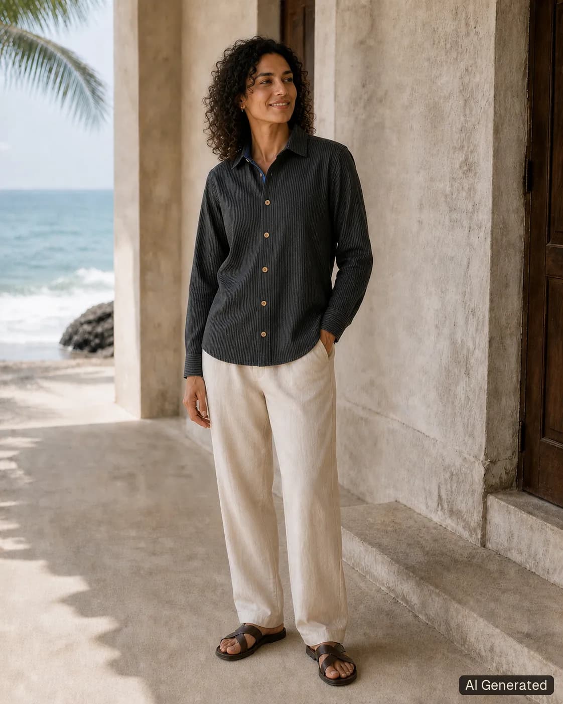 Adult woman standing and wearing the shirt in an editorial scene, Tropikera design 11; generated concept image