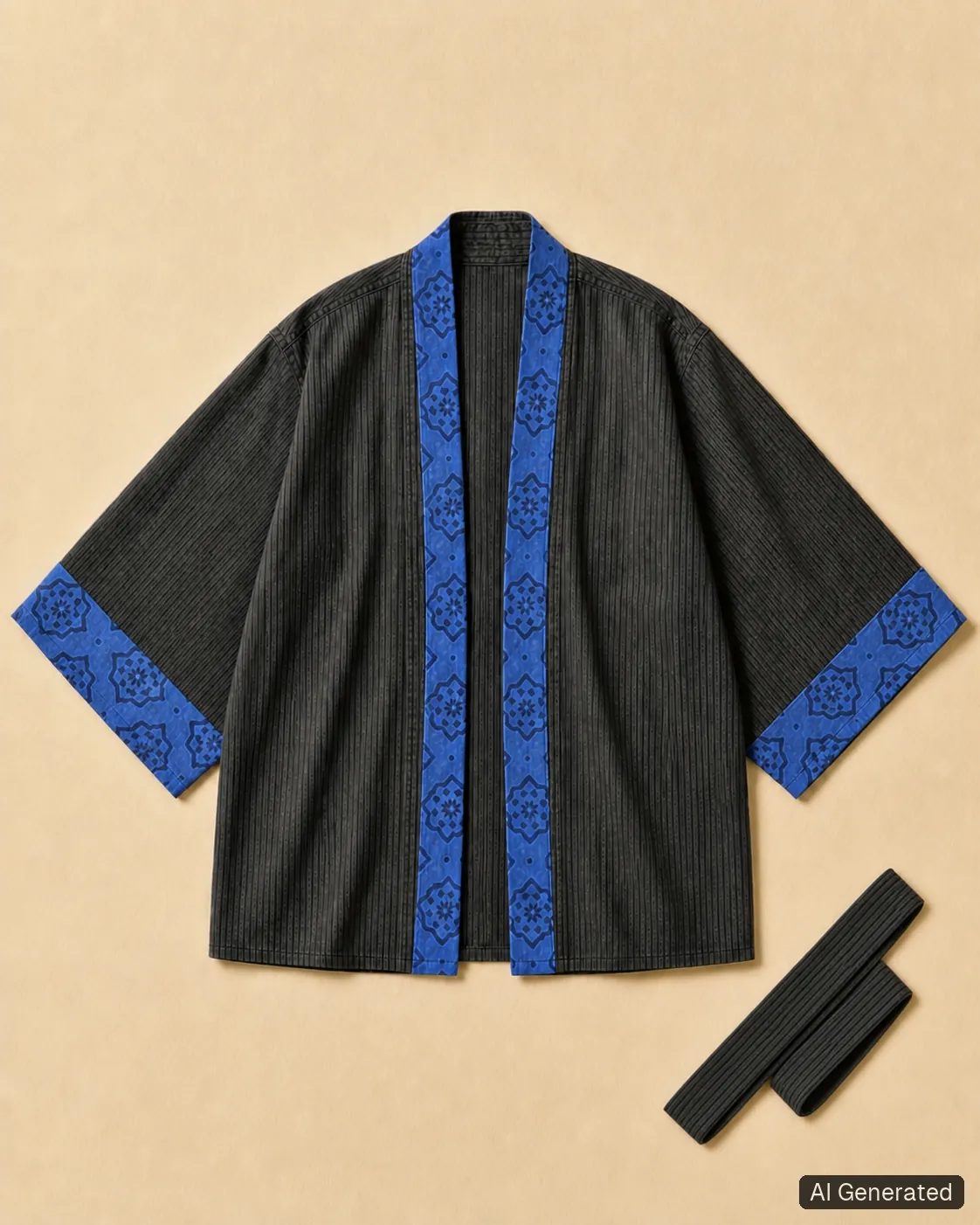 Open kimono shown from the front, Tropikera design 11; generated concept image