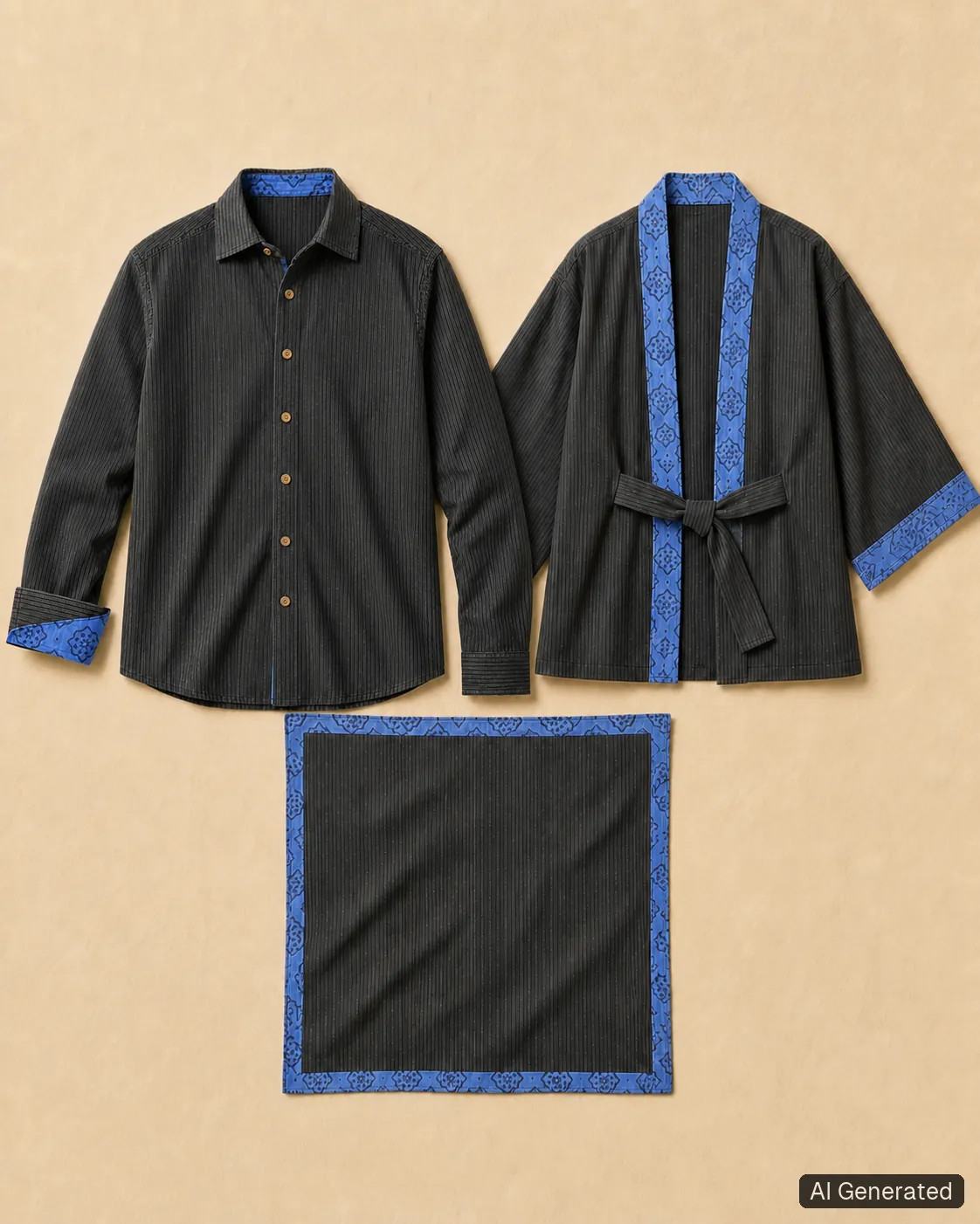 Coordinated shirt, kimono and scarf, Tropikera design 11; generated concept image