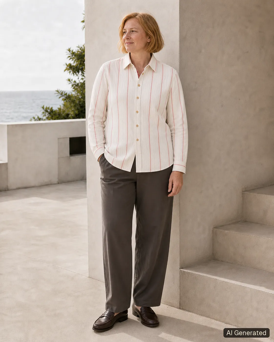 Adult woman standing and wearing the shirt in an editorial scene, Tropikera design 12; generated concept image