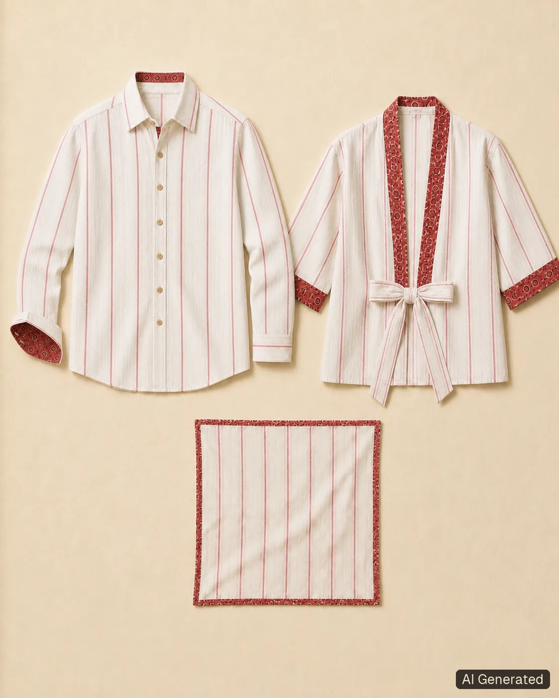 Coordinated shirt, kimono and scarf, Tropikera design 12; generated concept image