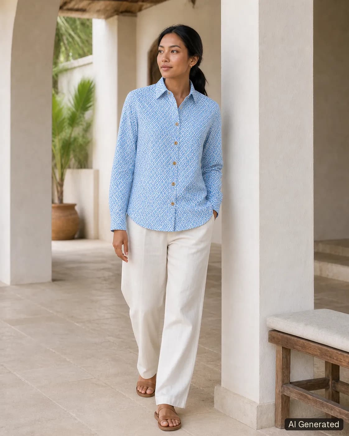 Adult woman standing and wearing the shirt in an editorial scene, Tropikera design 13; generated concept image