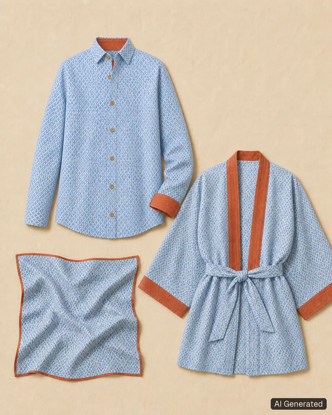Coordinated shirt, kimono and scarf, Tropikera design 13; generated concept image
