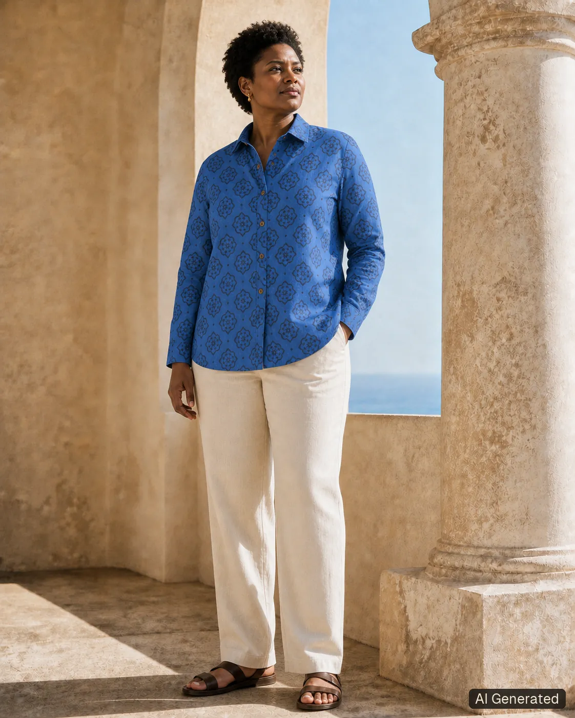 Adult woman standing and wearing the shirt in an editorial scene, Tropikera design 14; generated concept image