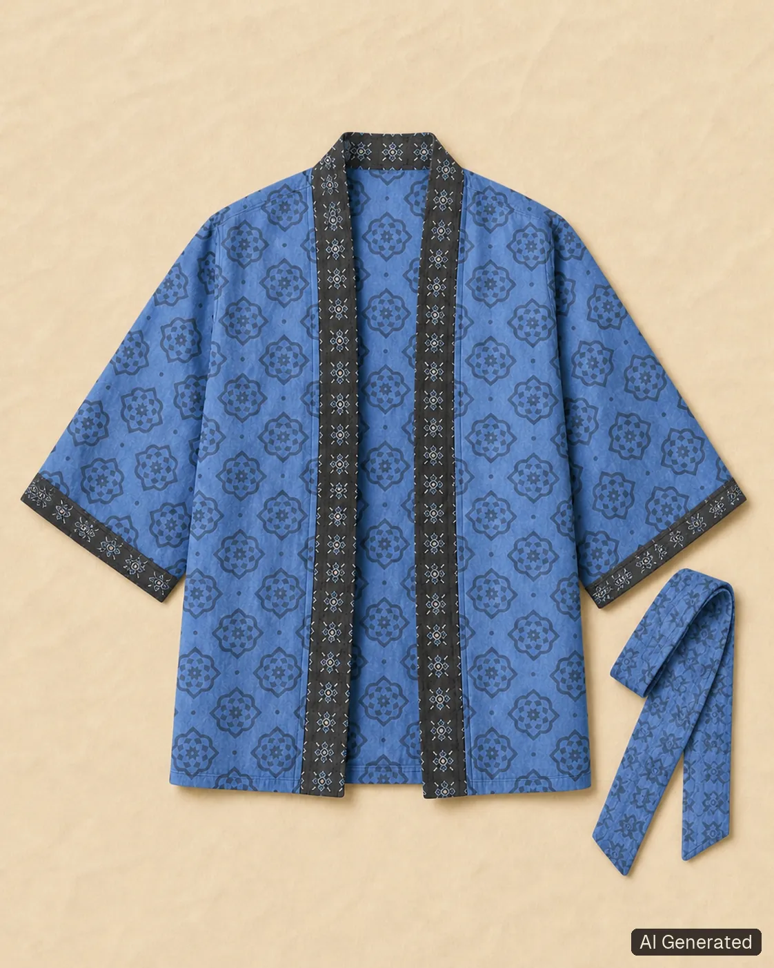 Open kimono shown from the front, Tropikera design 14; generated concept image
