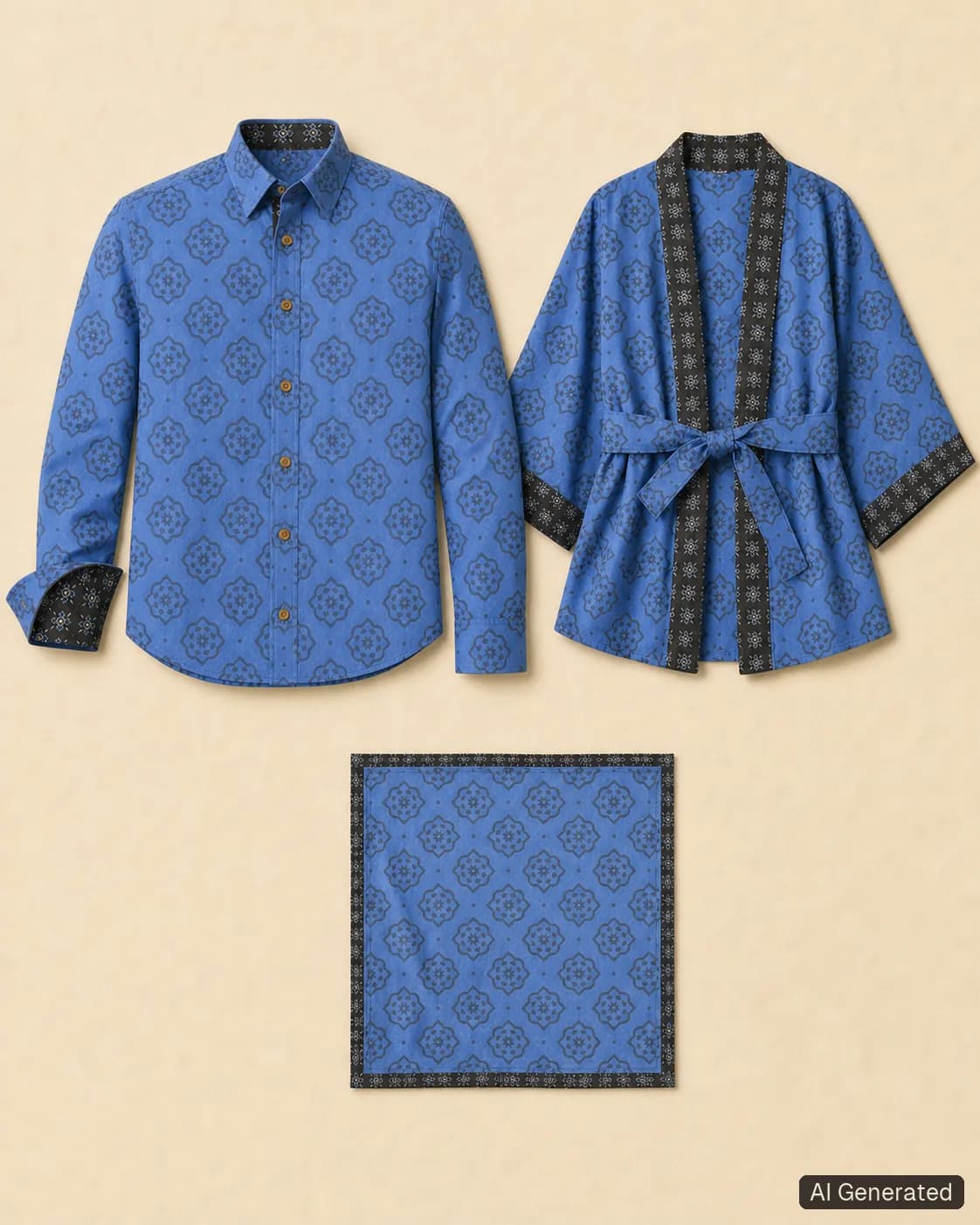 Coordinated shirt, kimono and scarf, Tropikera design 14; generated concept image