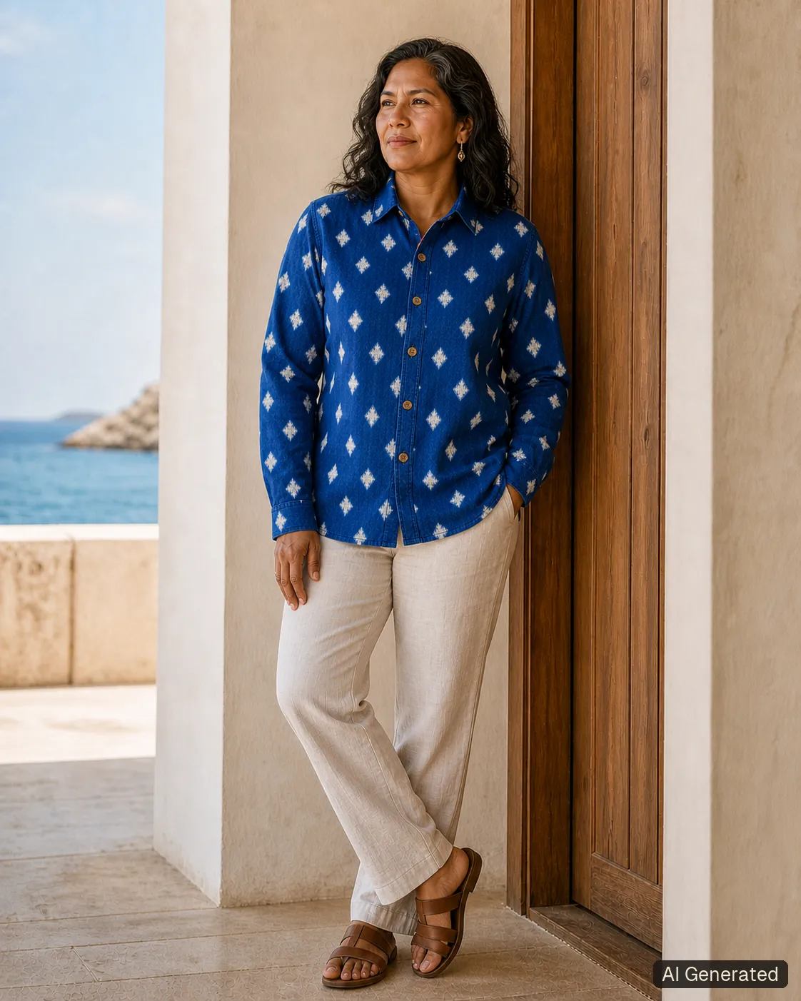 Adult woman standing and wearing the shirt in an editorial scene, Tropikera design 15; generated concept image