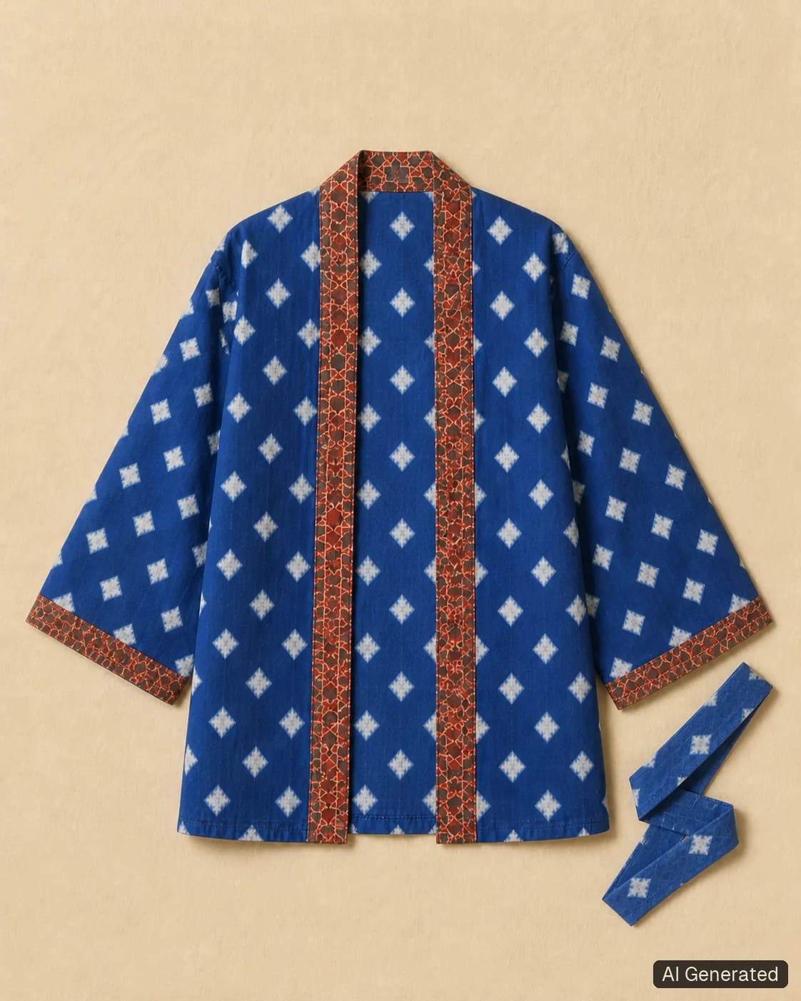 Open kimono shown from the front, Tropikera design 15; generated concept image