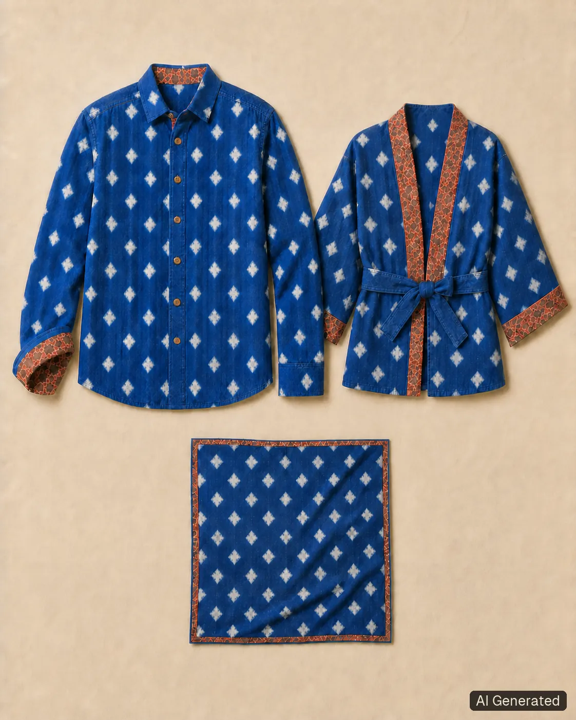 Coordinated shirt, kimono and scarf, Tropikera design 15; generated concept image