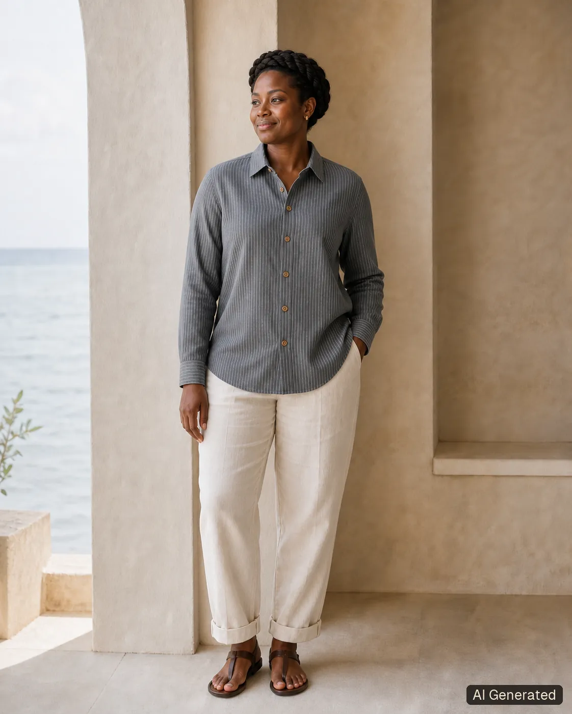 Adult woman standing and wearing the shirt in an editorial scene, Tropikera design 16; generated concept image