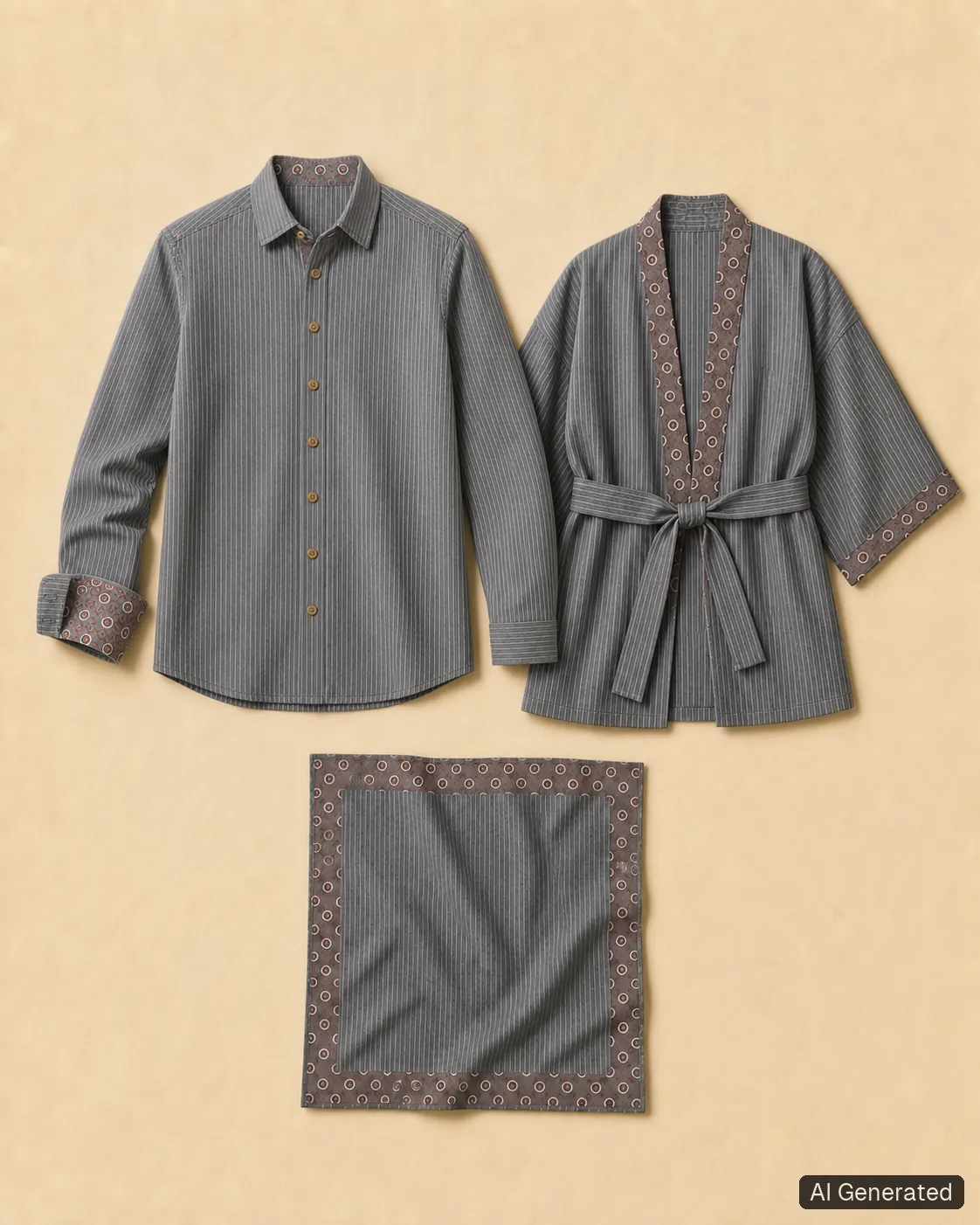 Coordinated shirt, kimono and scarf, Tropikera design 16; generated concept image