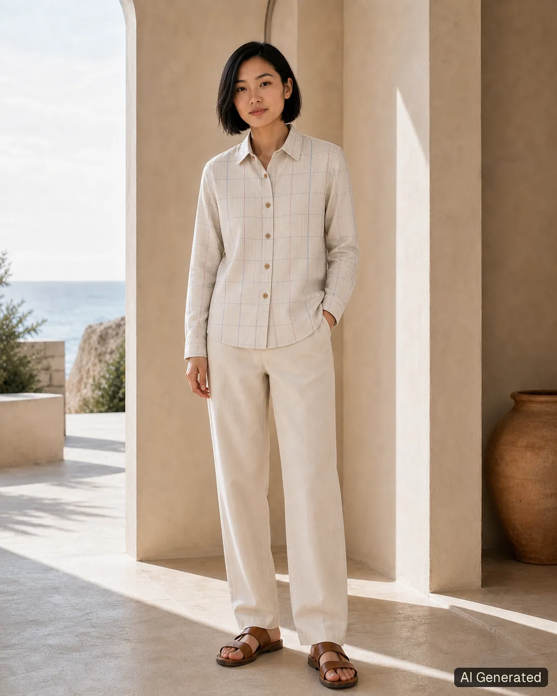 Adult woman standing and wearing the shirt in an editorial scene, Tropikera design 17; generated concept image