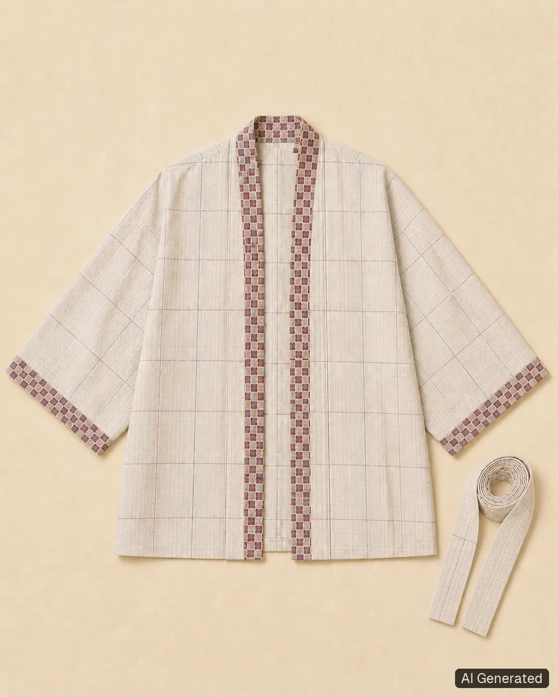 Open kimono shown from the front, Tropikera design 17; generated concept image