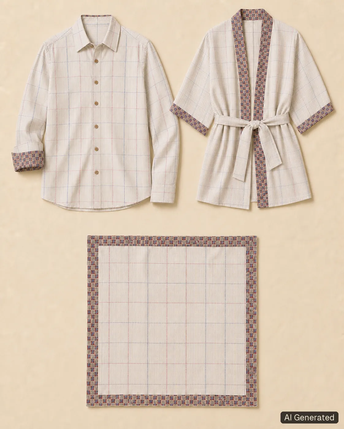 Coordinated shirt, kimono and scarf, Tropikera design 17; generated concept image