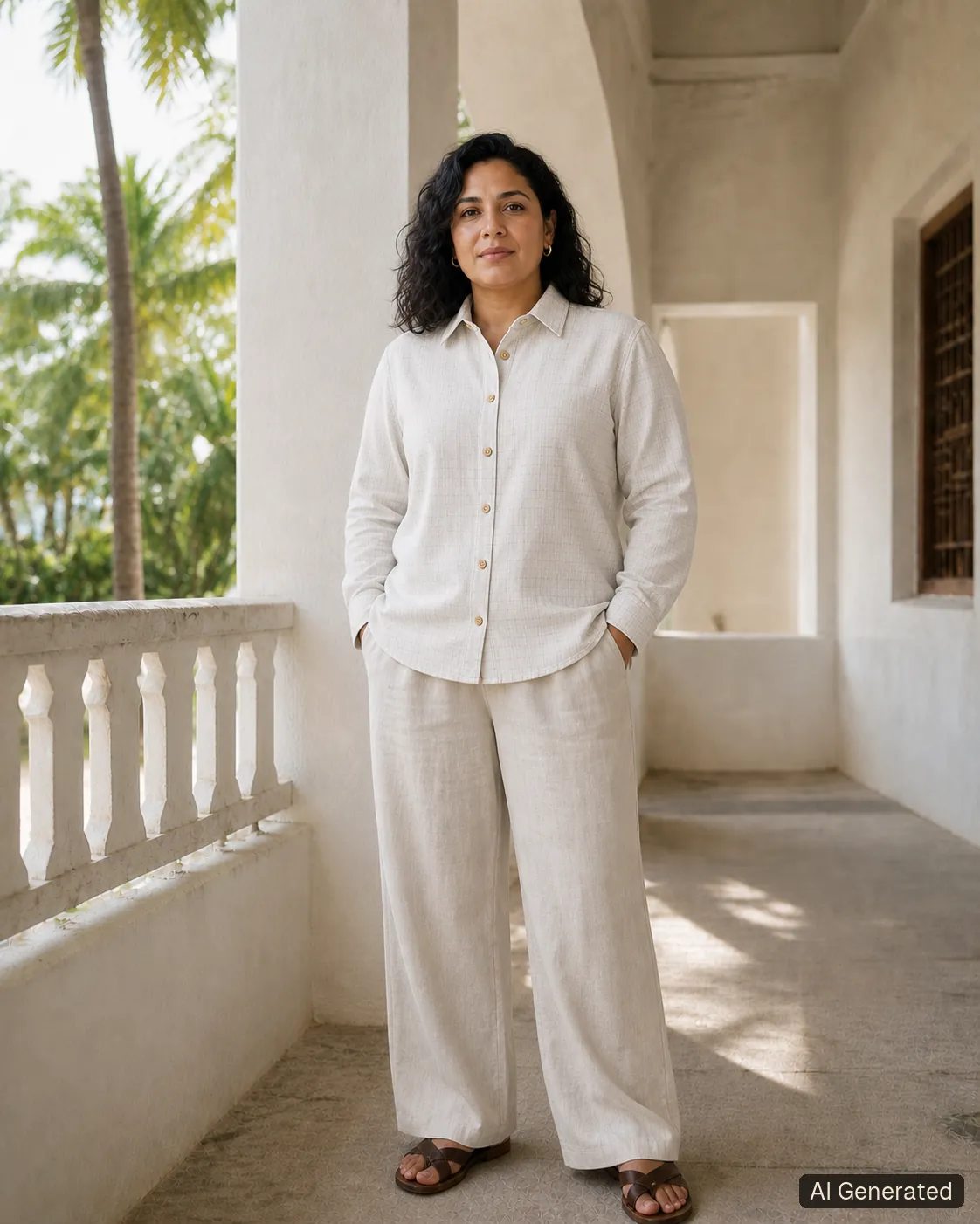 Adult woman standing and wearing the shirt in an editorial scene, Tropikera design 18; generated concept image