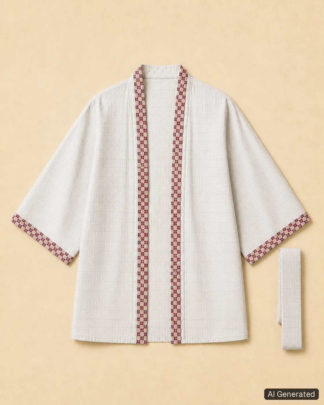 Open kimono shown from the front, Tropikera design 18; generated concept image