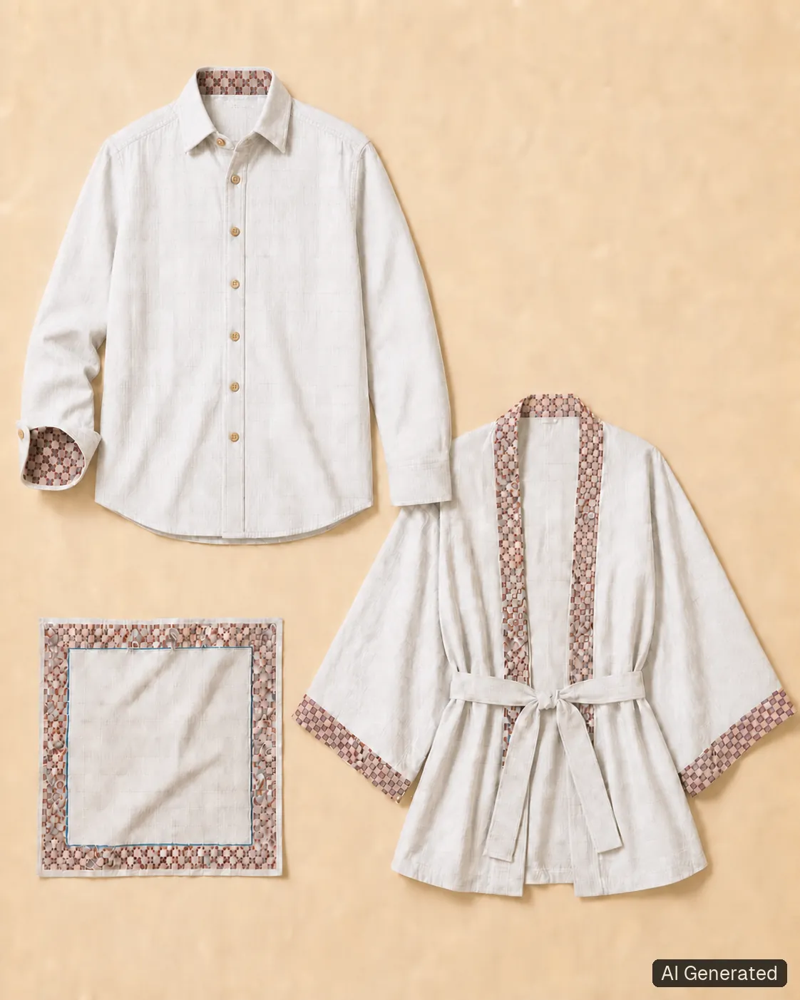 Coordinated shirt, kimono and scarf, Tropikera design 18; generated concept image
