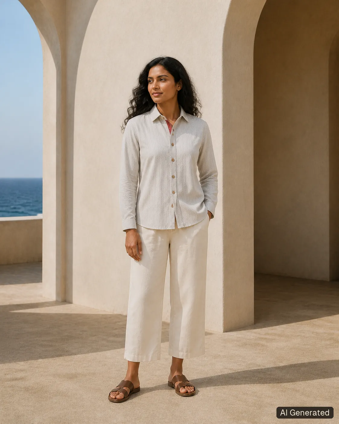 Adult woman standing and wearing the shirt in an editorial scene, Tropikera design 19; generated concept image